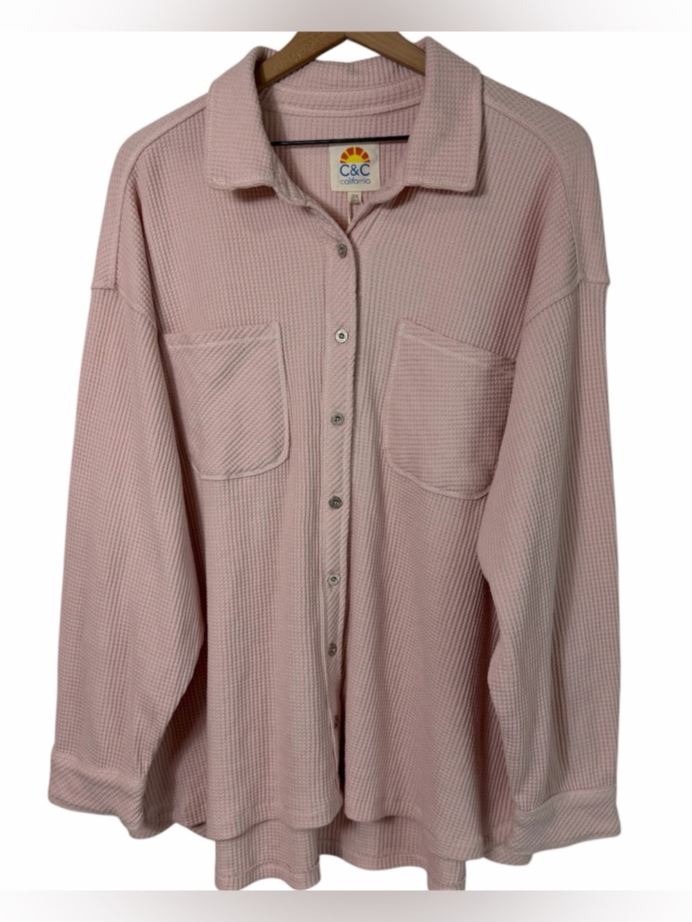 C&C California Pink Waffle Knit Top 2X Long Sleeve Blouse NWT